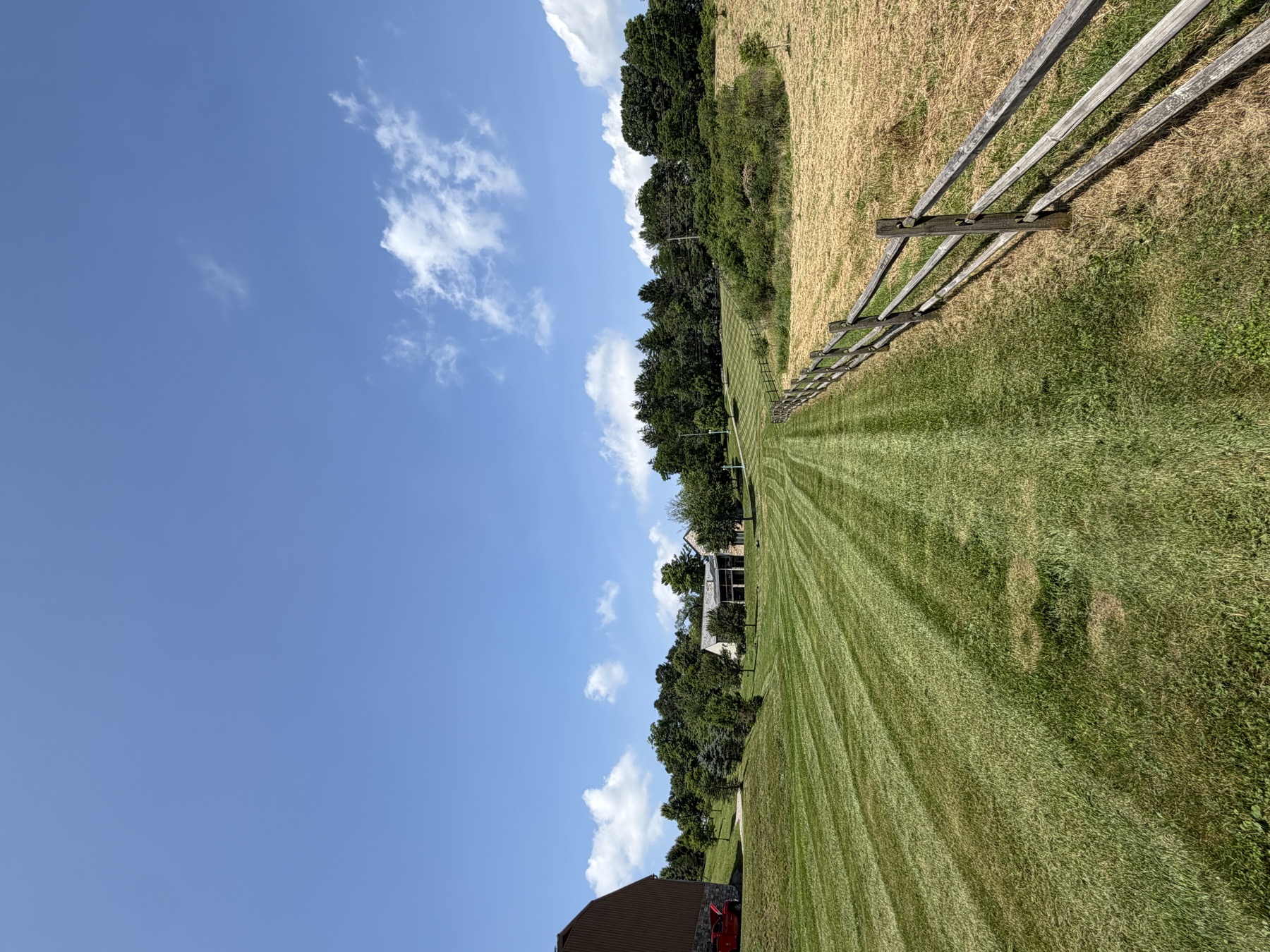 Large lawn bordered by a wooden fence